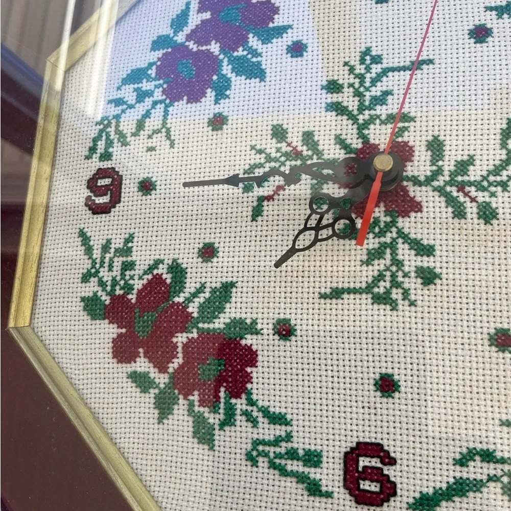 Clock Handmade Vintage Framed Floral embroidery Clock
